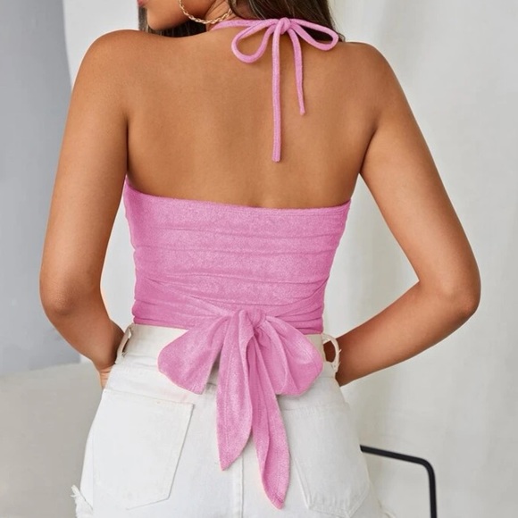 Cute Pink Terry Cloth Tie Back Cut Out Halter Top Boobtube - Picture 2 of 5